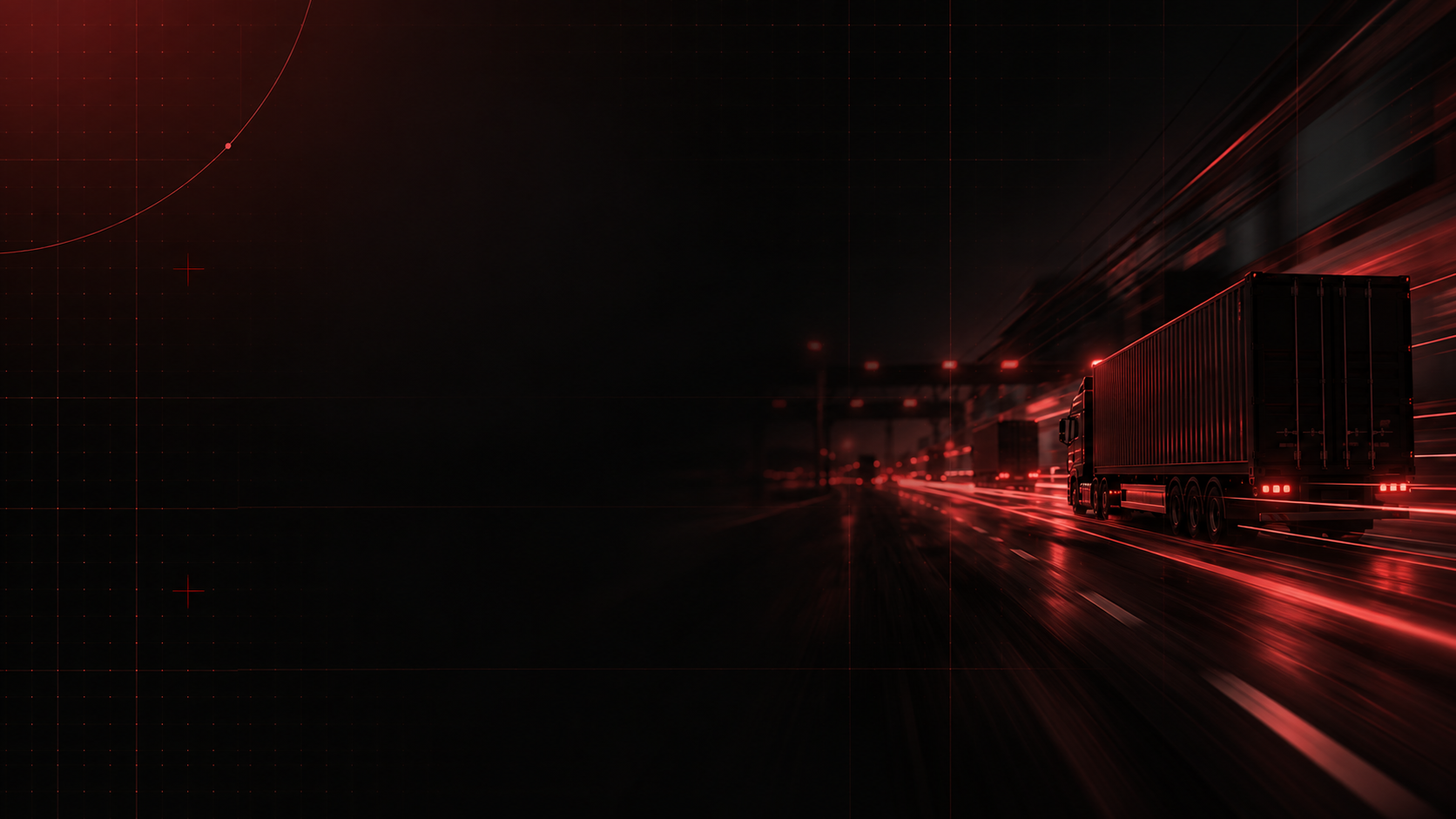 A cargo truck on a highway at night with red light trails, representing faster end-to-end transactions