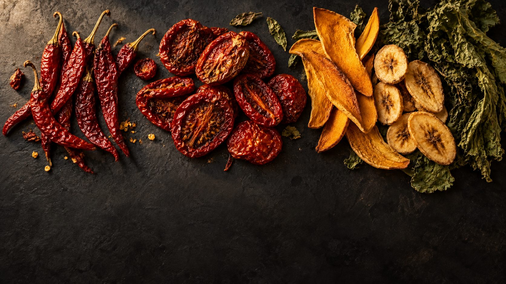 Solar-dried chillies, tomatoes, mango strips, banana chips and greens on a dark stone surface