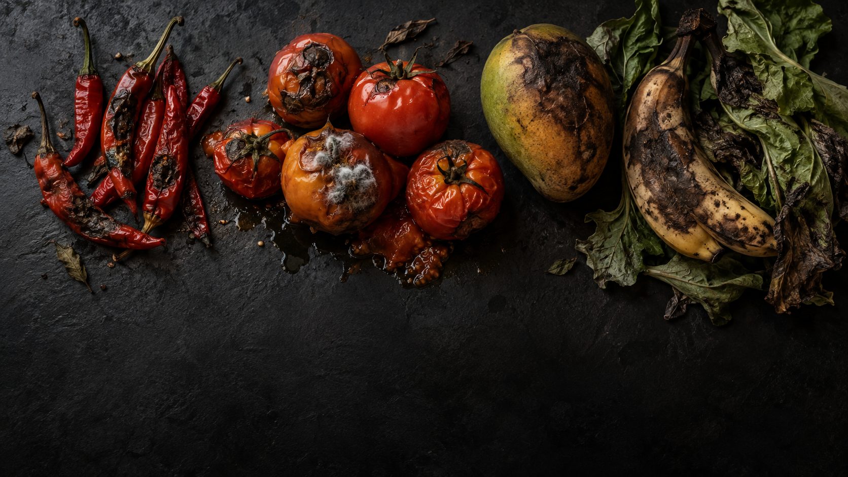 The same produce left in the open: rotting chillies, mouldy tomatoes, a bruised mango, a blackened banana and wilted greens