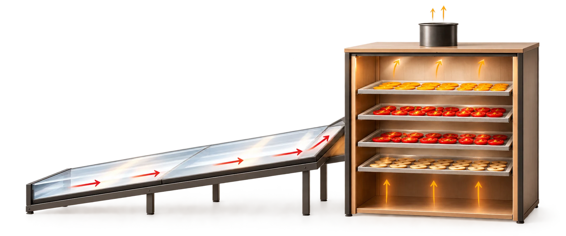 Cross-section of an InstaFarm solar dryer: a glazed collector heats fresh air, which flows into a cabinet, rises through four trays of drying produce and leaves through a chimney vent.