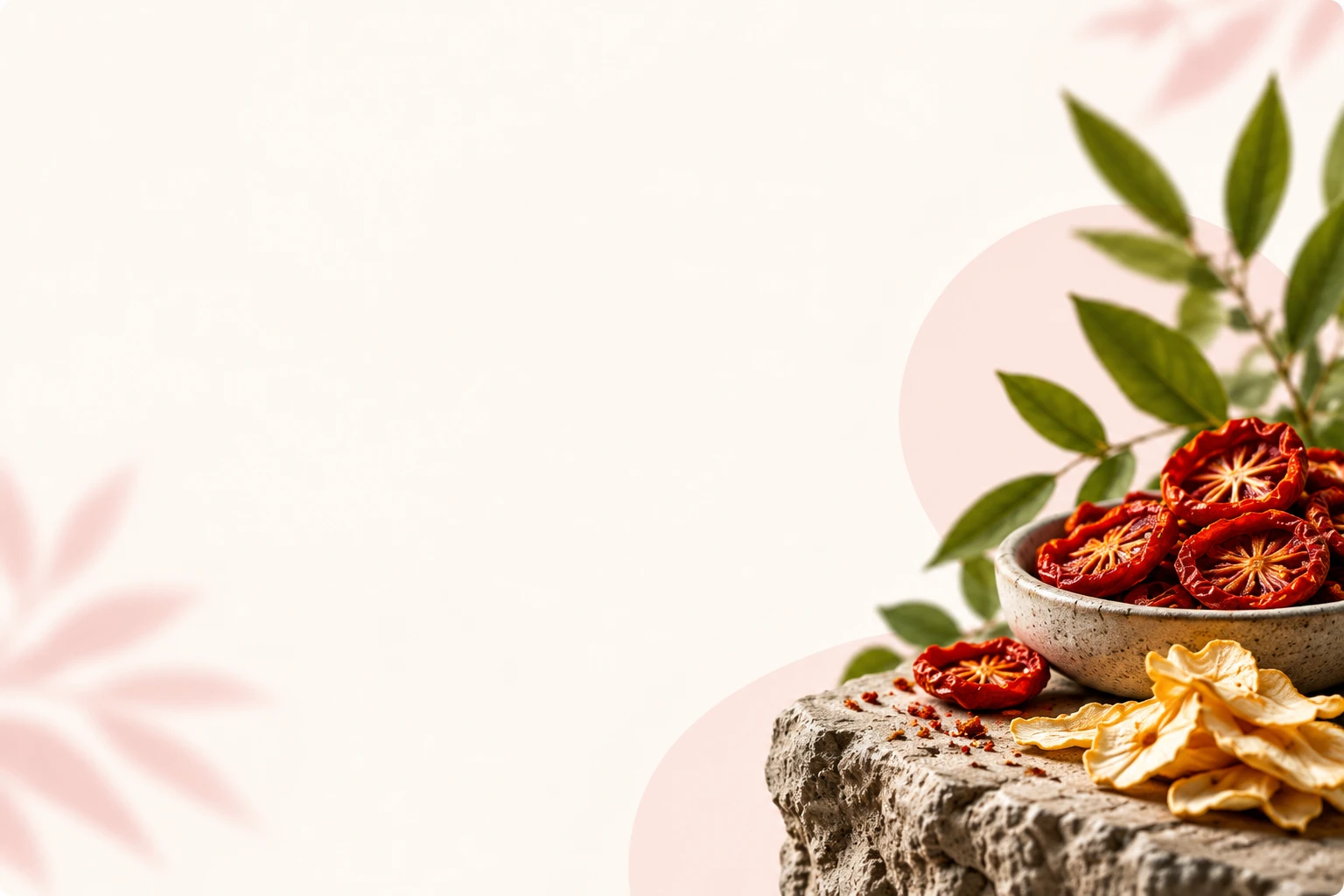 Solar-dried tomatoes and apple slices in a stone bowl