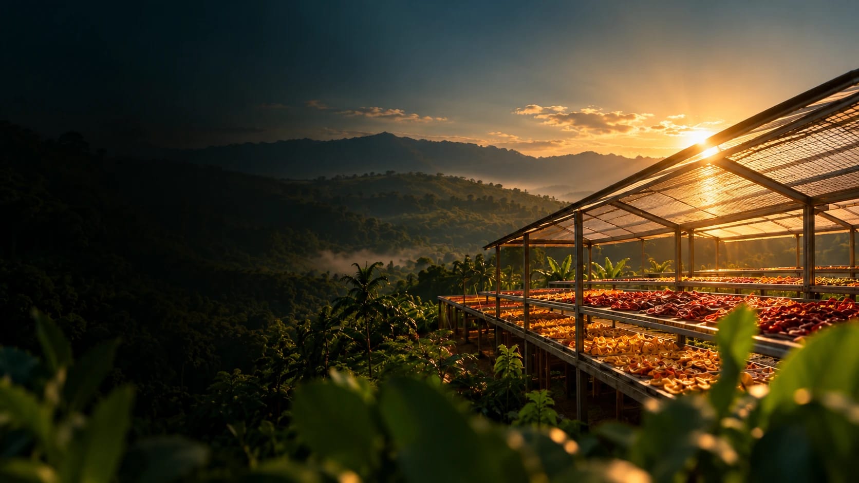 Solar drying racks full of fruit and vegetables at golden hour on an InstaFarm partner farm