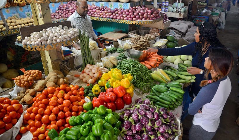 A produce market stall stacked with tomatoes, peppers, aubergines and onions