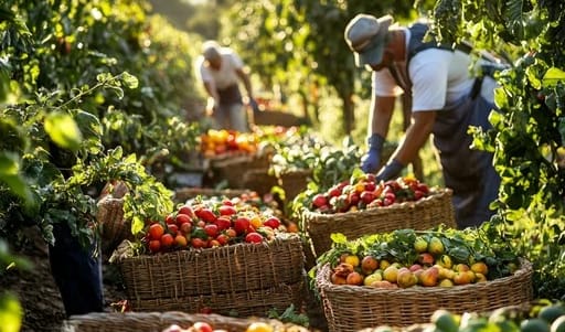Farmers harvesting tomatoes and fruit into woven baskets in golden light