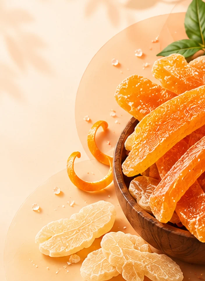 Candied orange peel and ginger in a wooden bowl