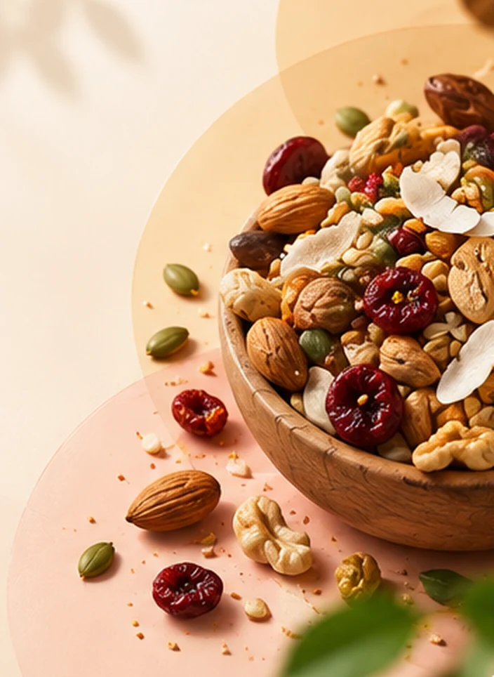 A bowl of mixed nuts, dried fruit and seeds