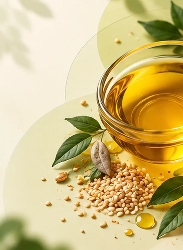 A glass bowl of cold-pressed oil with sesame seeds