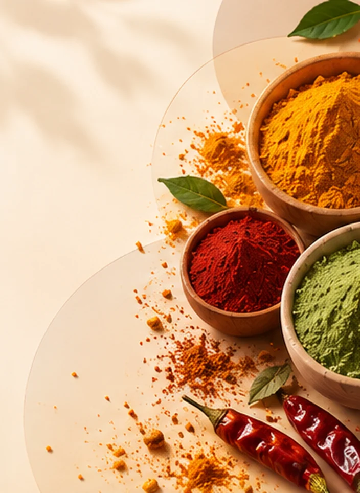 Bowls of turmeric, chilli and green powders
