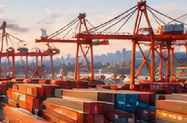 Container port at sunset
