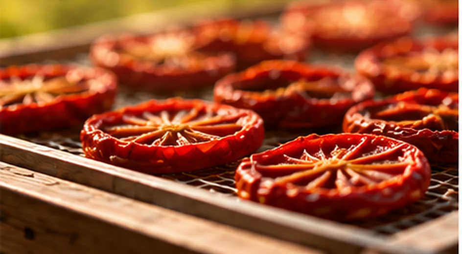 Sun-dried tomatoes on a drying rack at a partner farm