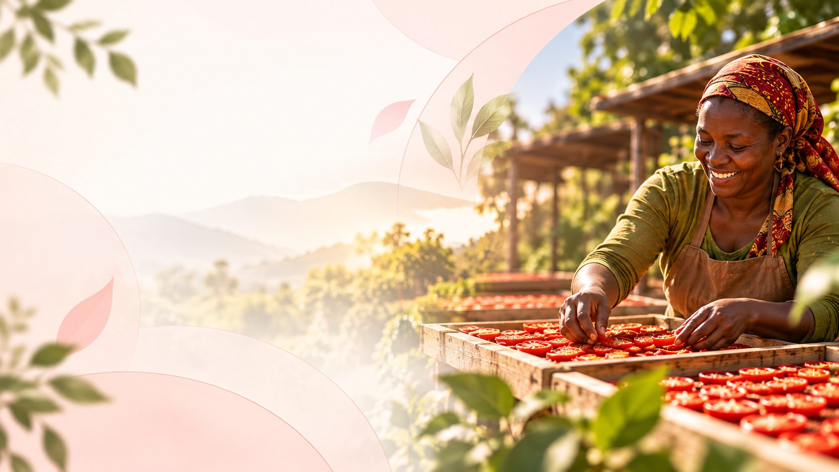 A woman farmer smiling as she lays tomato slices on wooden solar-drying racks at sunrise
